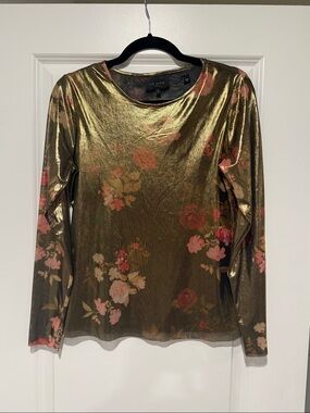 Ted Baker Gold Metallic Floral Long Sleeve Tee with Pink Accents